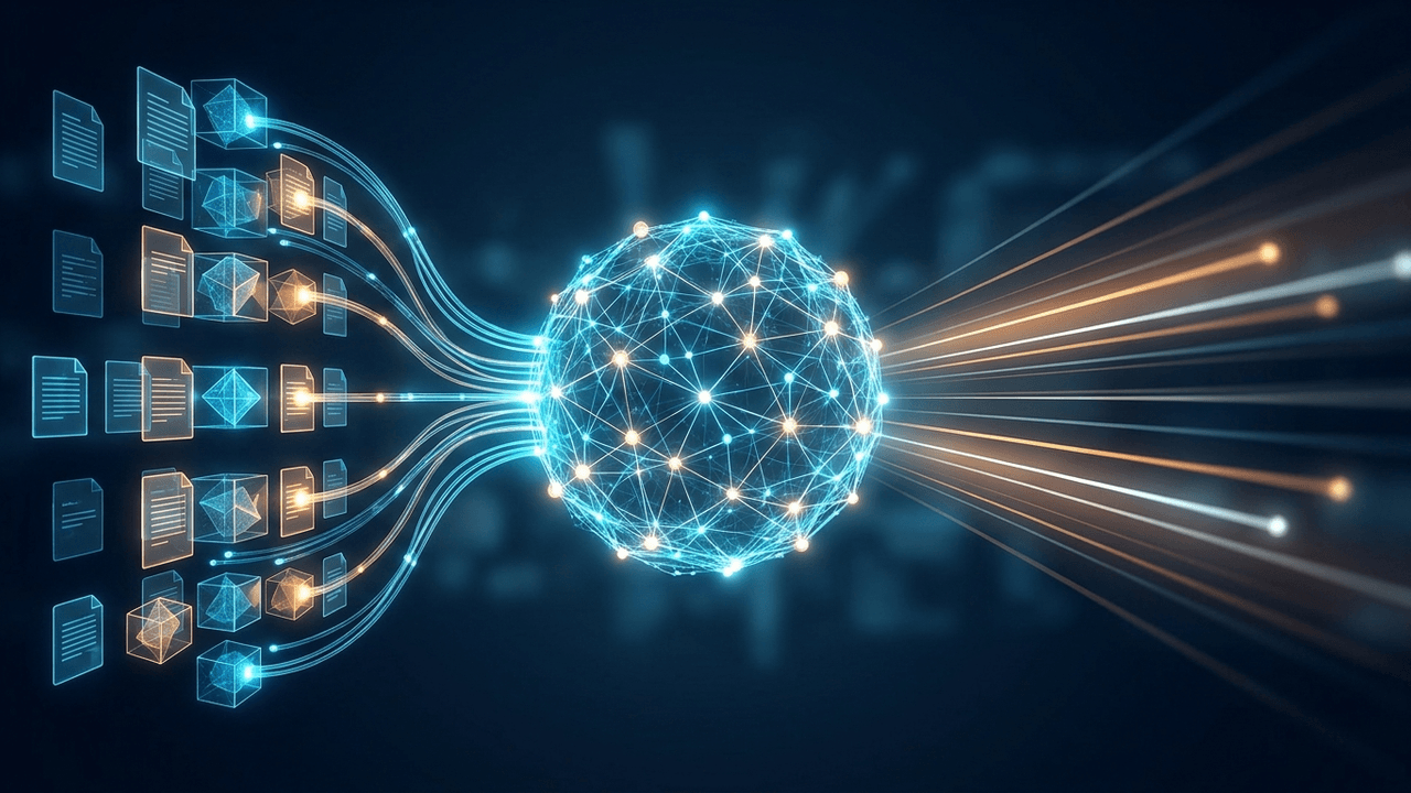RAG (Retrieval-Augmented Generation) ಪರಿಕಲ್ಪನೆಯ ಚಿತ್ರ — ಡಾಕ್ಯುಮೆಂಟ್‌ಗಳಿಂದ ಮಾಹಿತಿ ತೆಗೆದು AI ಮಾದರಿಗೆ ಸೇರಿಸುವ ಪ್ರಕ್ರಿಯೆ
